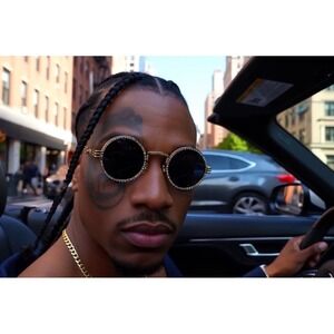 Sunglasses Gold Steampunk Rhinestone Christal 80's‎ 90's Black Fashion Vintage